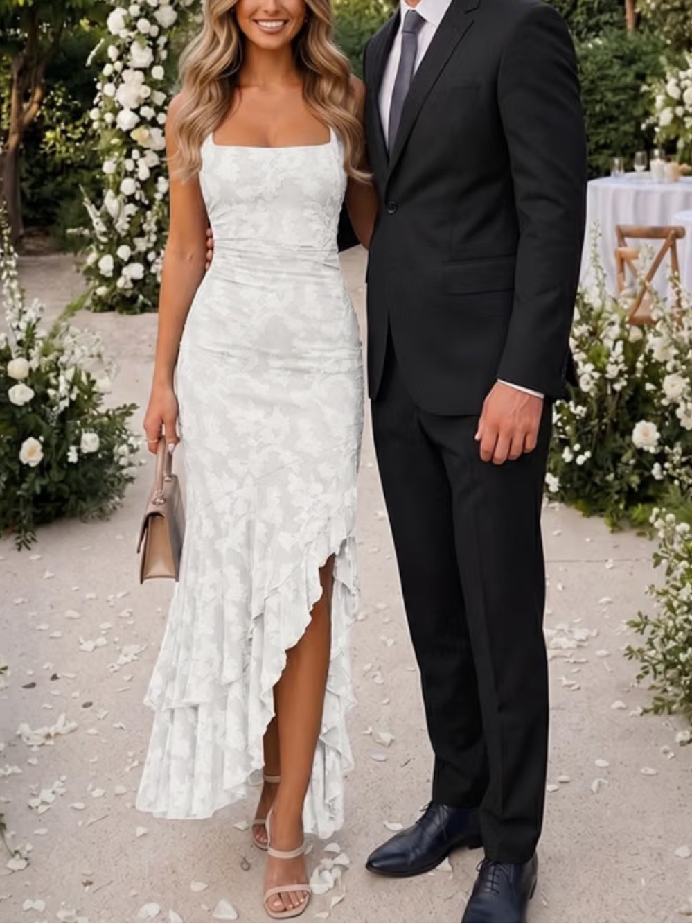 White Square Neck Ruffled Hem Dress engagement wedding